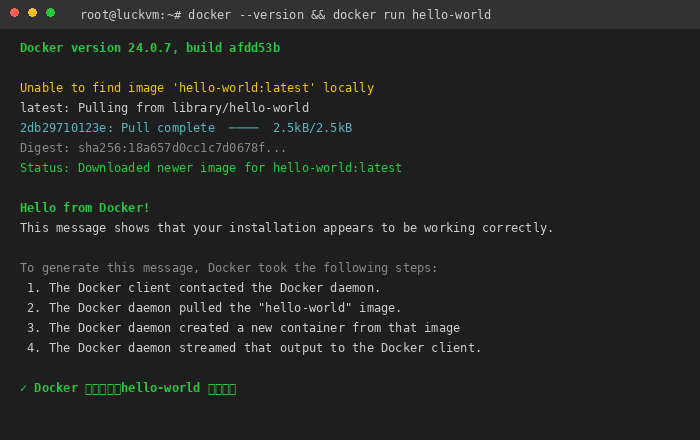 Docker 安装成功终端截图